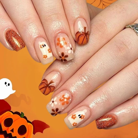 VAIFTILNO Fall Nails, Short Square Fake Nails, 24-Pack Cute Halloween Ghost & Pumpkin Design Glossy Shiny False Nails for Party, Daily Wear, Glue-On