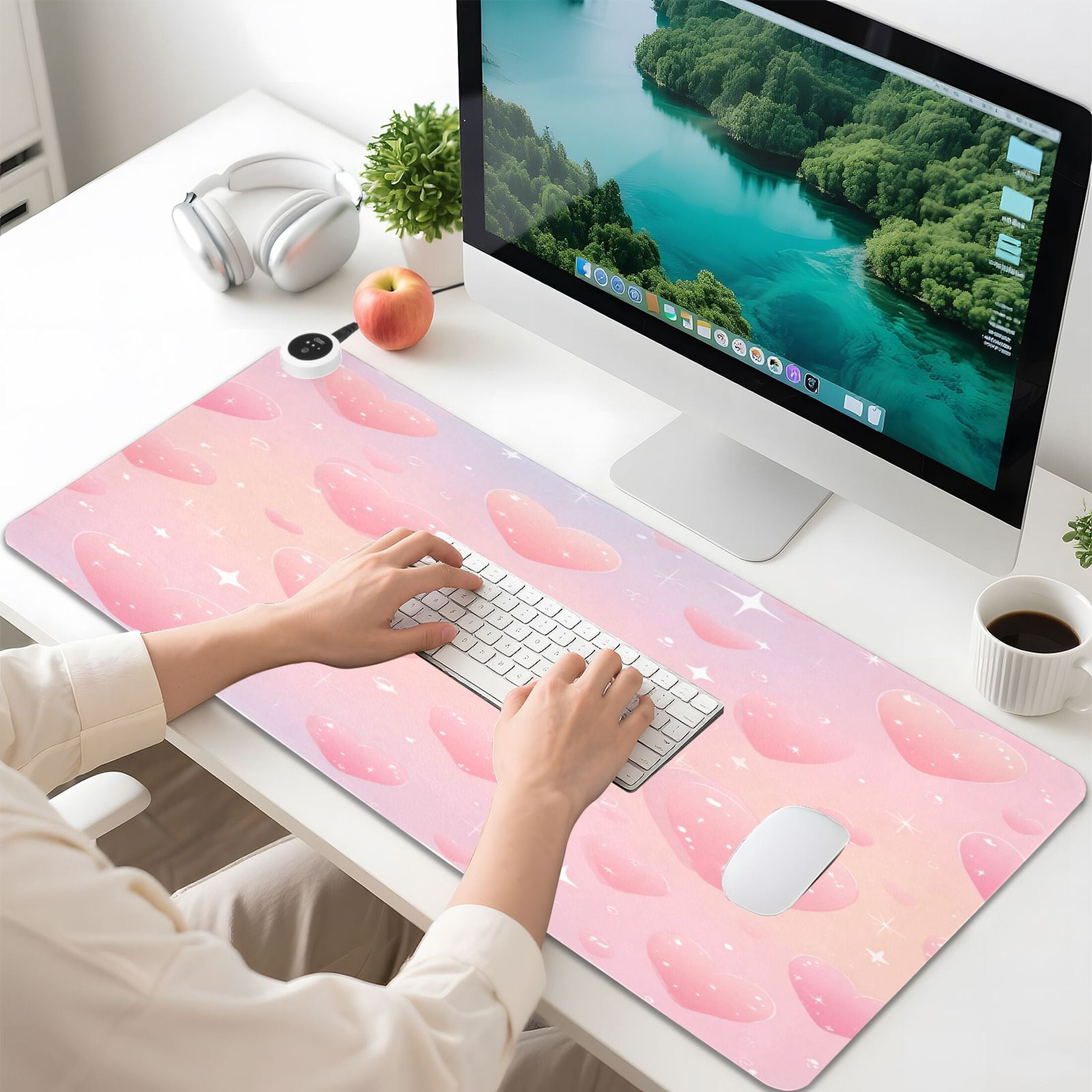 Large Heated Desk Mat Mouse Pad 31.5"x13"PU Leather Graphene Heating Desk Warmer with 3 Temperature Settings 110V US Plug Non-Slip Warm Pad for Home, Office, and Gaming Soft Pink Sparkle Tapestry