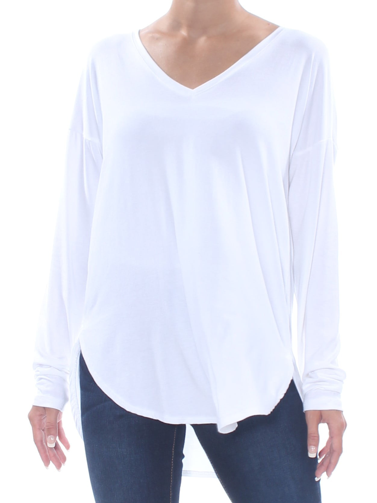 INC - INC Womens White Curved Hem Long Sleeve V Neck T-Shirt Top Size