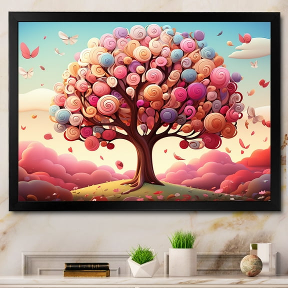 Designart "Pop Art Magic Pink and Blue Tree" Landscapes Framed Wall Art Decor - Country Pink Tree Bedroom Framed Canvas Wall Art