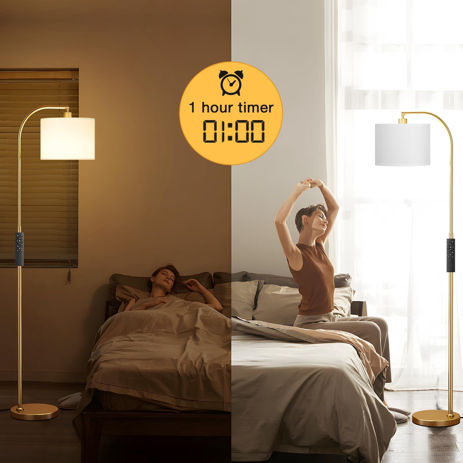 Arc Floor Lamp White & Gold With Remote And Stepless Dimmable Light For Living Room