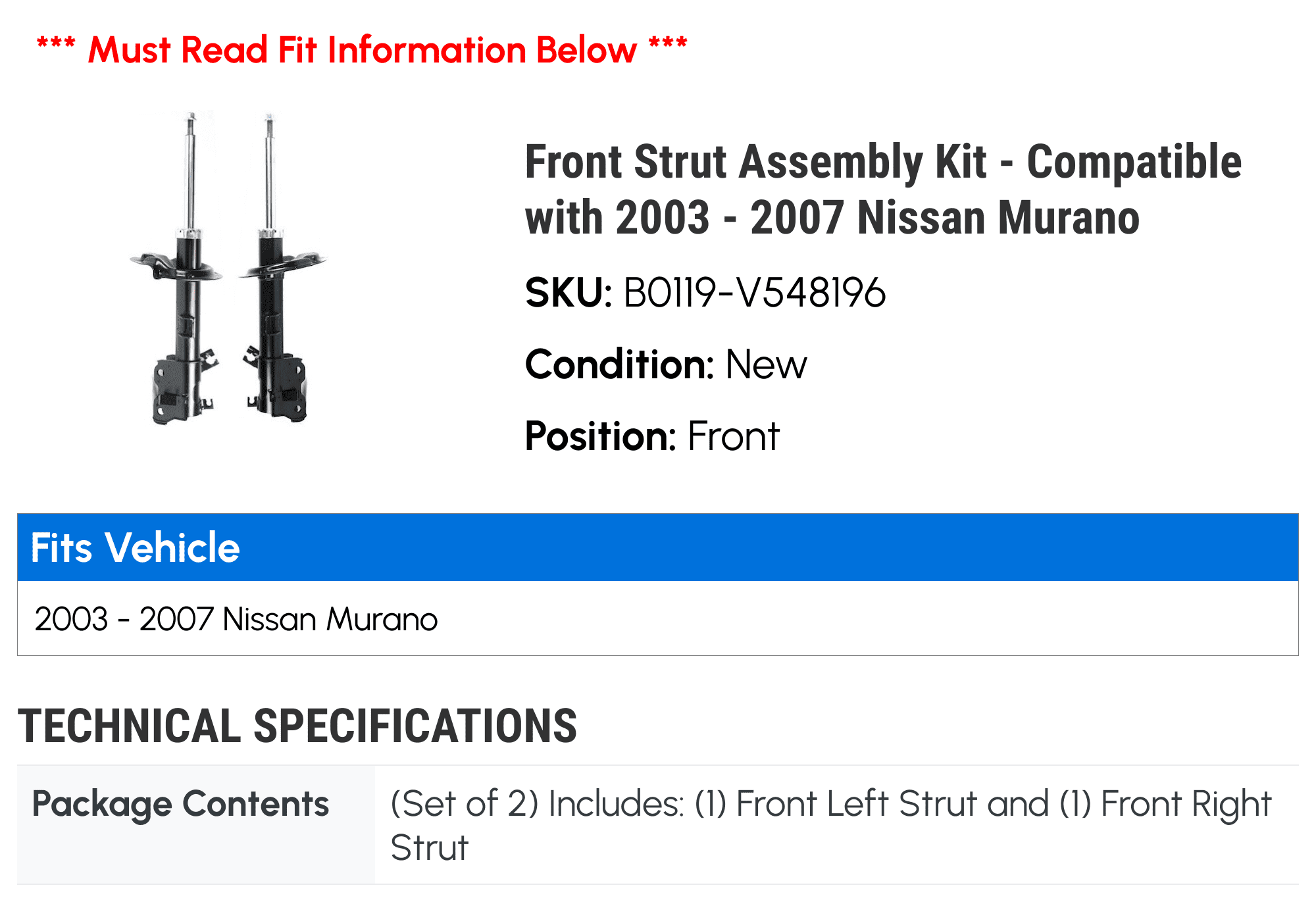Front Strut Assembly Kit - Compatible with 2003 - 2007 Nissan Murano 2004 2005 2006