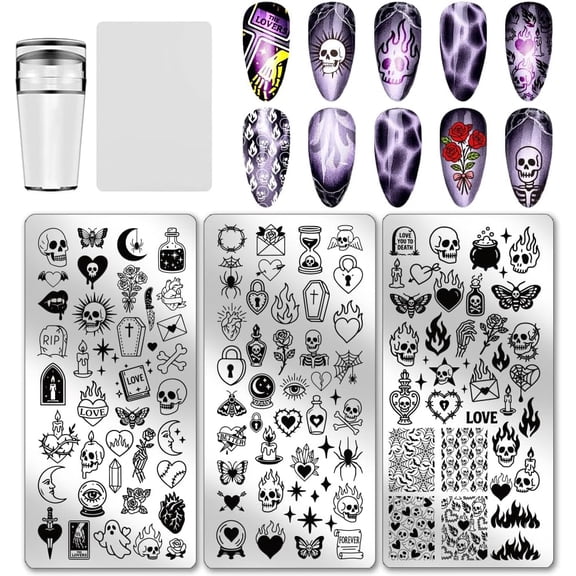 PH 3pcs Nail Stamping Plates Spider Nail Art Stencil Flame Nails Art Templates Gothic Horror Style Nails Stamper Plate for Manicures Salon DIY Printing Design Gold