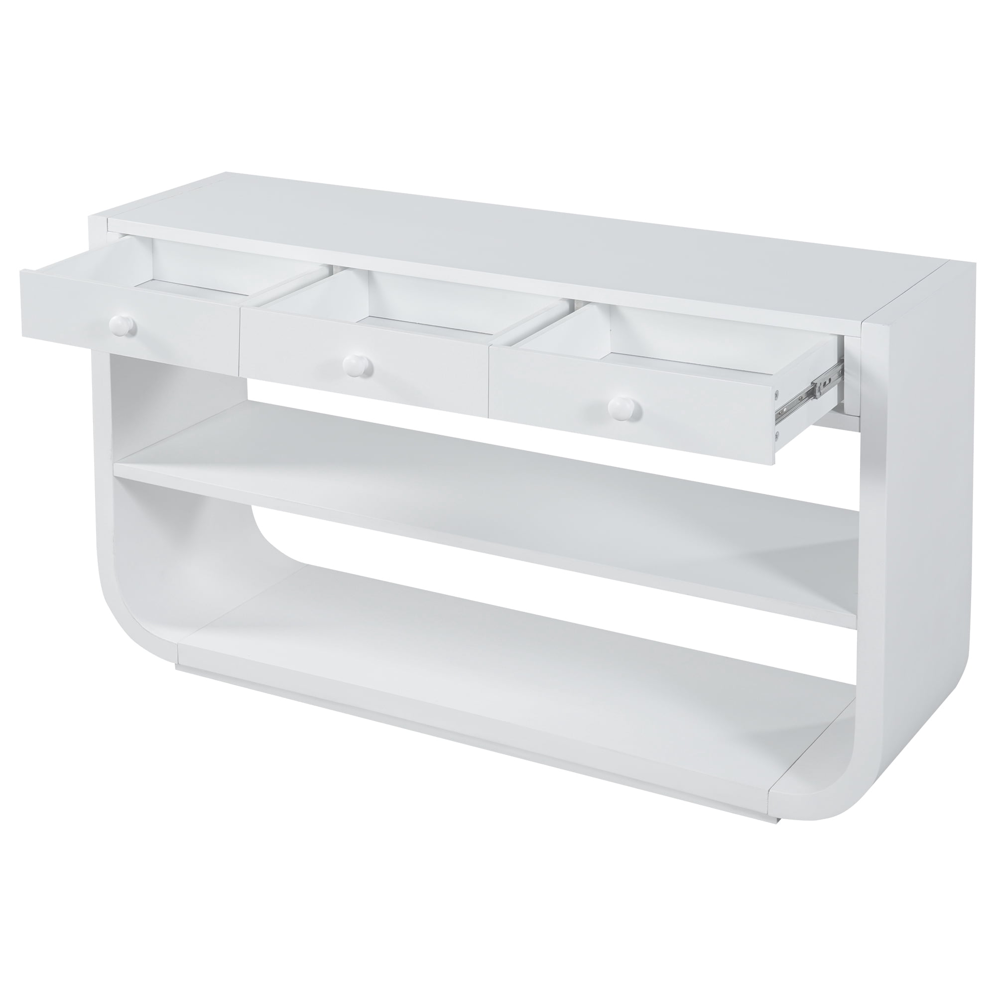 Euroco 55 Inch Curved Console Table with 3 Soft-Close Drawers, 3-Tier Entryway Table with 2 Storage Open Shelves,Wood Narrow Long Sofa Table for Living Room, Hallway, Foyer,White