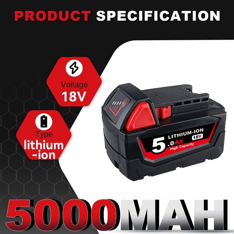 5.0Ah 18V Battery & Charger Combo – Replacement For Milwaukee M18 Tools