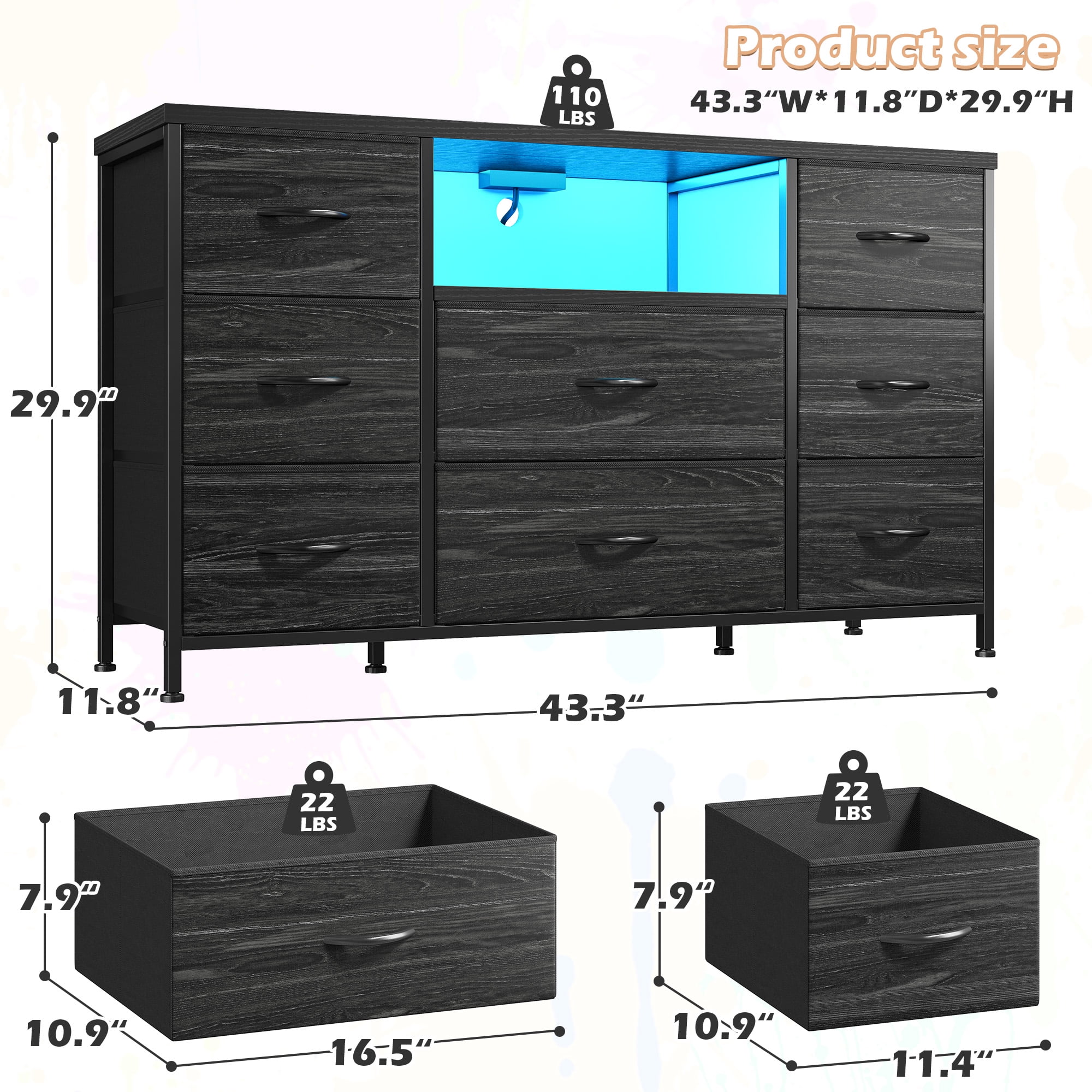 Black Dresser for Bedroom with Charging Station and LED Lights,55 inch TV Stand with 8 Fabric Drawer,Chest of Drawers with Open Shelves for Entryway, Living Room, Closet