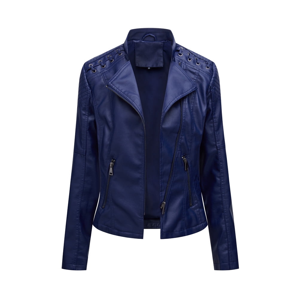 QATAINLAV Women's Faux Leather Moto Jacket Casual Short Solid Color Biker Coat Ladies Zip Up Open Front Lapel Motorcycle Outwear with Pockets Navy XL