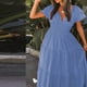thumbnail image 2 of Vestido midi con cuello en V y volantes y manga corta para mujer - Spandex, S-XL, estilo swing, diario/vacaciones/trabajo, 2 of 6
