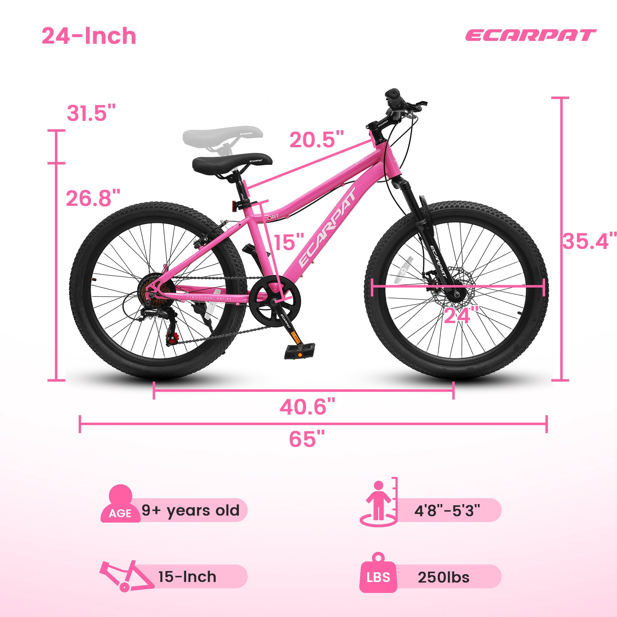 Ecarpat 24 Inch Mountain Bike for Women Girls, 7-Speed Front Suspension Teenagers Bikes for 9+ Years. Children Bicycle Suitable for 4'5"-5'5" Height Rider.