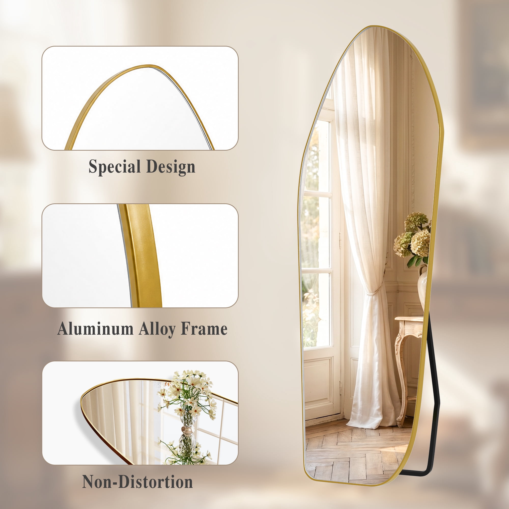 AUROMIR 24"x 67" Full length Irregular Mirror with Alumnium Frame Floor Mirror, Gold