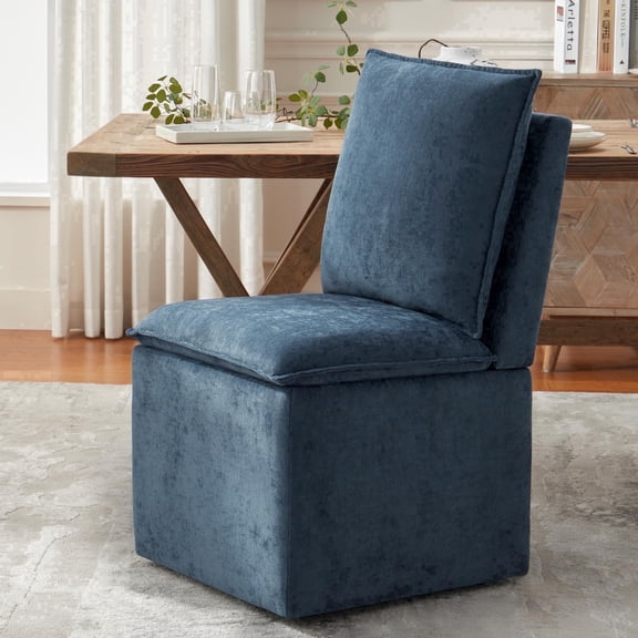 Usaint Upholstered Dining Chair with Casters and Storage, Fabric Rolling Desk Chair with Wheels for Home Office Living Room, Easy Assembly, Navy