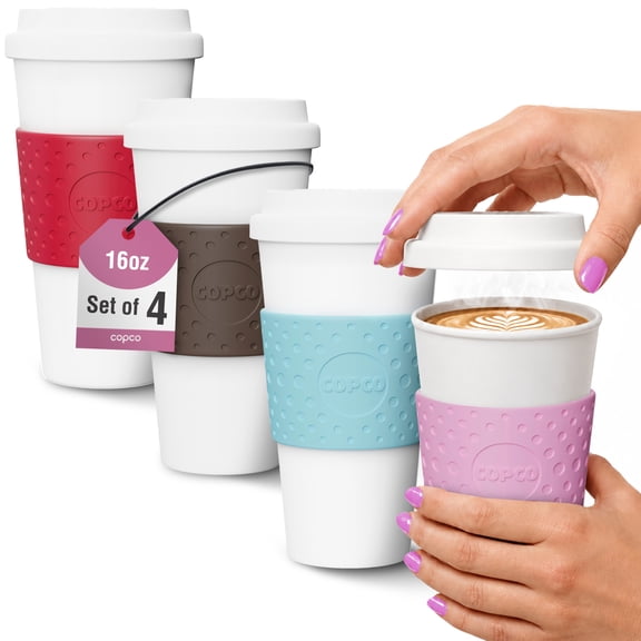 Copco Acadia Reusable To Go Mug, 16-ounce Capacity 4-pack (Pink, Azure, Brown, Red)