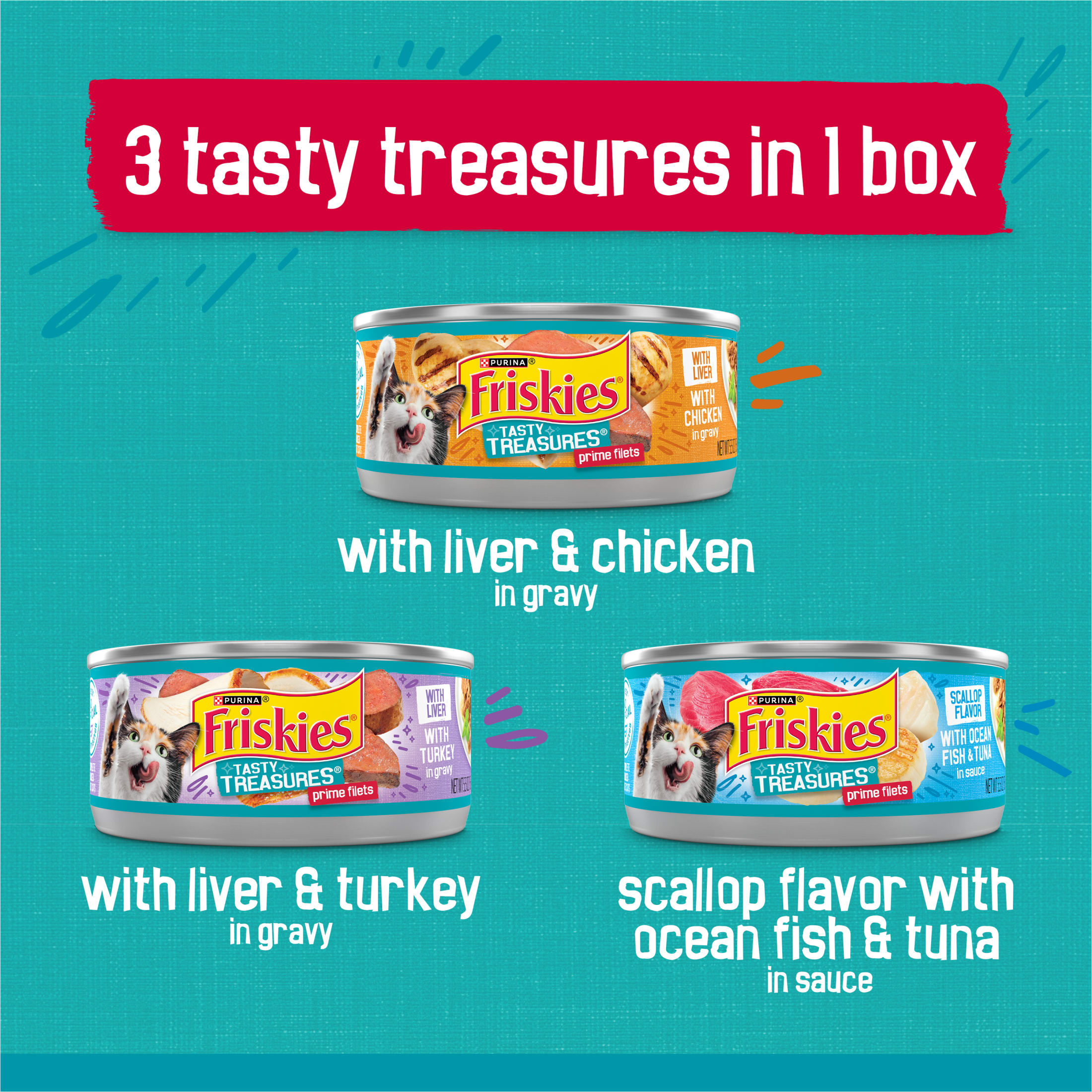 (3 pack) Friskies Gravy Tasty Treasures Prime Filets, Wet Cat Food, 12 Pack, 5.5 oz Cans