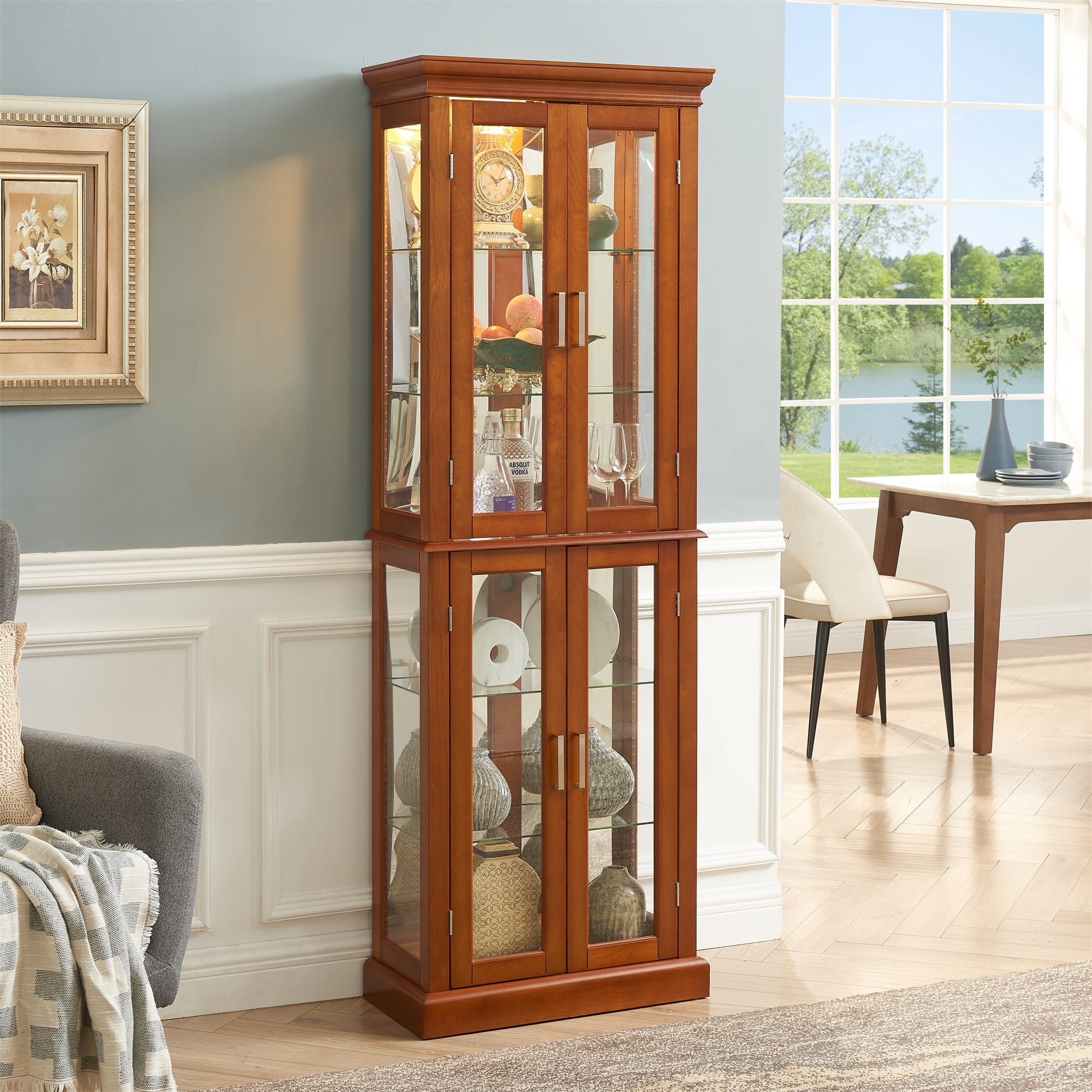 Miniyam Curio Display Cabinet with Adjustable Glass Shelves, Light, Walnut