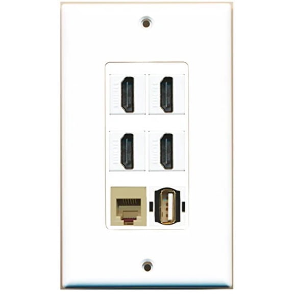 RiteAV - 4 Port HDMI 1 USB A-A 1 Phone RJ11 RJ12 Beige Wall Plate Decorative