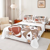 Manfei Rugby Ball Sport Queen Sets,Brown Bowtie Ribbon Flat Sheets,Cute Daisy Flower Fitted Sheet For Girls,Microfiber Bedroom Decor,4pcs