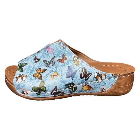 GHSOHS Womens Sandals Slippers Women s Flip-Flops Plus Size Shoes for Women Thong Sandals Summer Butterfly Print Leather Breathable Slope Heel Thick Bottom Large Size Fish Mouth Cool Slippers Str 7