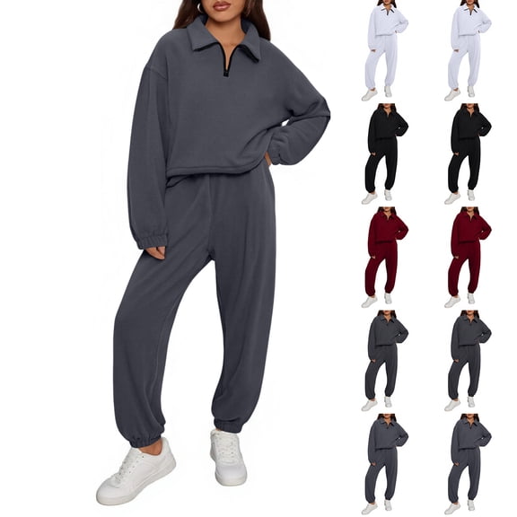 Womens Fleece 2 Piece Outfits Sweatsuit Half Zip Pullover Sweatshirt Joggers Pants Tracksuit Set Dark Gray L