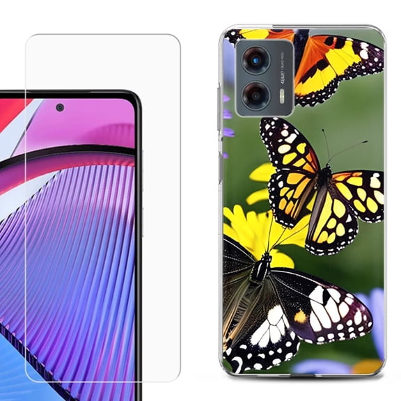 OneToughShield ® Compatible with Motorola Moto G 5G 2023, Shockproof Phone Case, with Tempered Glass Screen Protector - Butterfly Flower