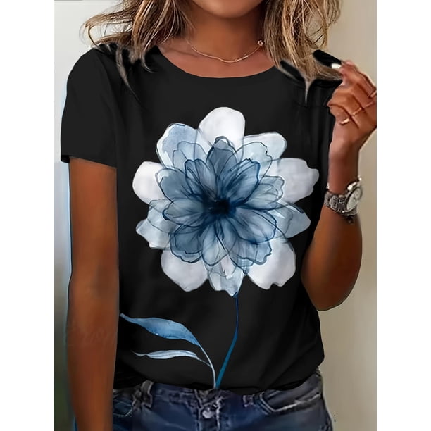 Women'S Vintage Floral Print T-Shirt - Short Sleeve, Crew Neck, Medium Stretch, Regular Fit, Summer Casual Top with Blue and White Flower Design, Floral Print Blouse