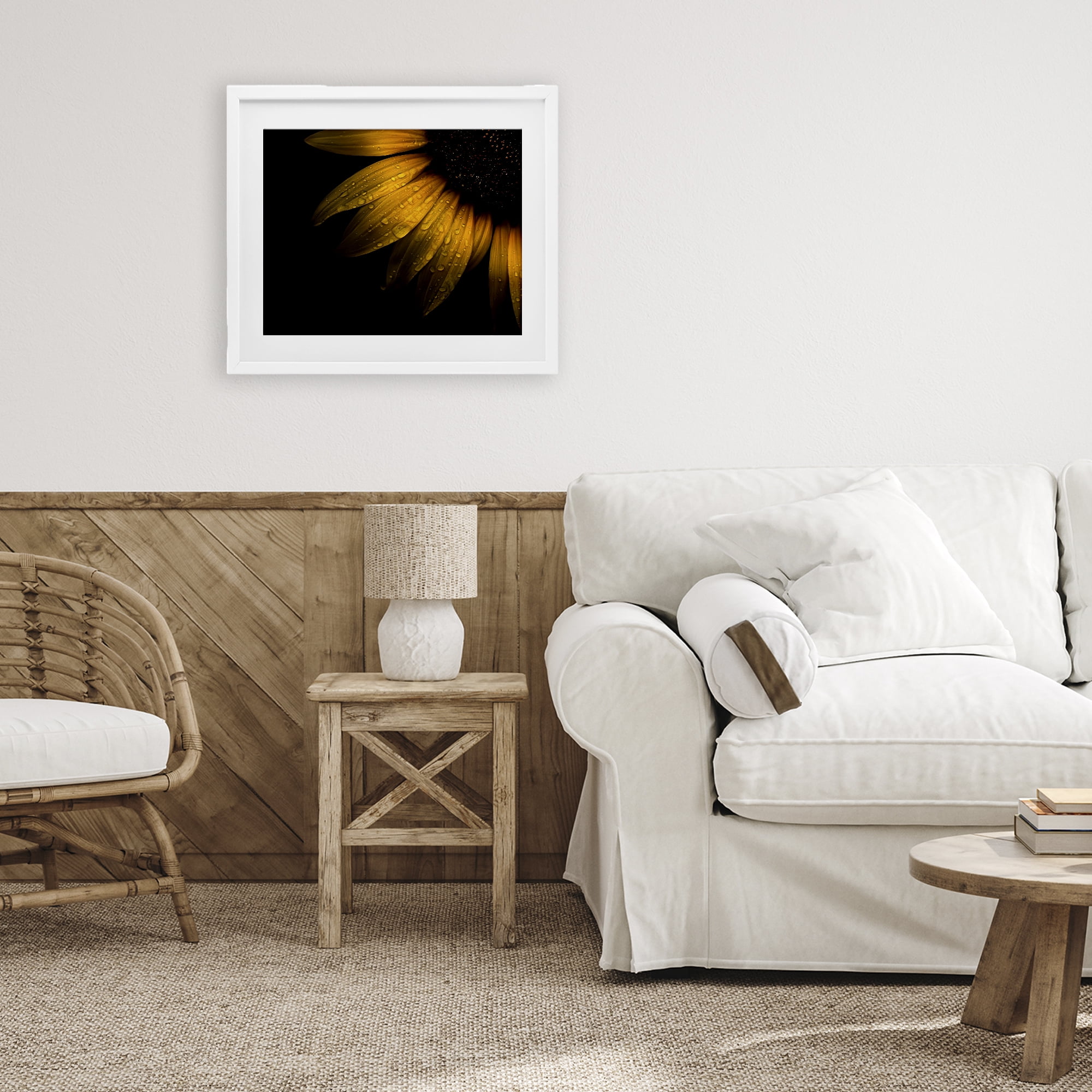 Water Droplets on Sunflower White Framed Print Under Glass, design by Brian Carson Photography