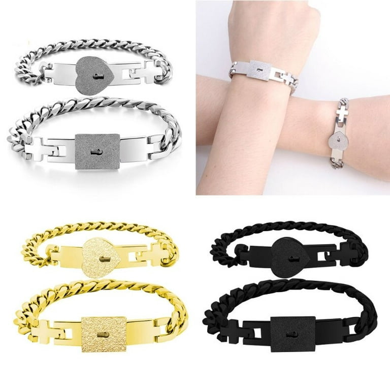 QWZNDGR 2Pcs Silver Tone Stainless Steel Lover Heart Love Lock Bracelet  with Lock Key Bangles Kit Couple Jewelry Sets Gift