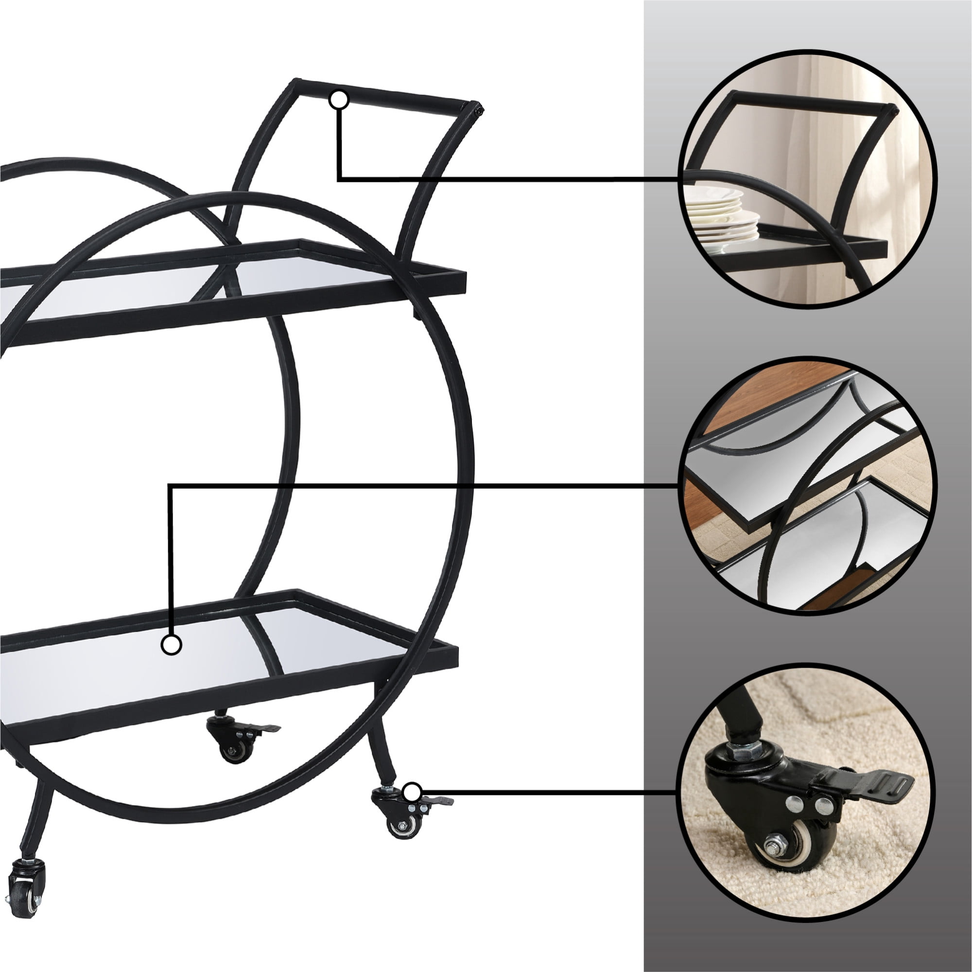 FirsTime & Co. Black Odessa Mirrored Bar Cart, Glam, Metal, 27.5 x 14 x 33 in