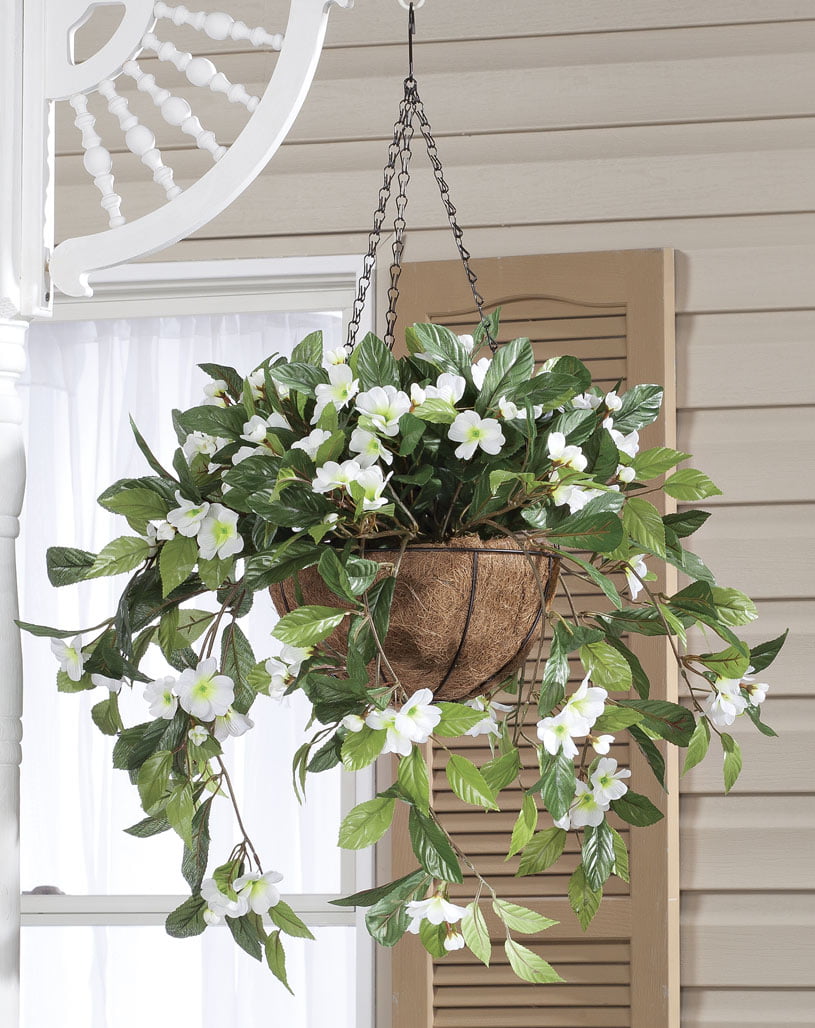 10” Diameter and 18” Chain OakRidge Miles Kimball Fully Assembled Artificial Petunia Flower Hanging Basket Polyester/Plastic Flowers in Metal and Coco Fiber Liner Basket for Indoor/Outdoor Use 