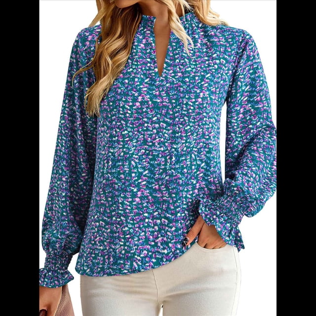 Blusa de Estilo Bohemio con Cuello en V y Mangas Largas, Estilo Floral, Informal, Holgada, de Verano, con Mangas Abullonadas para Mujer. Color XL