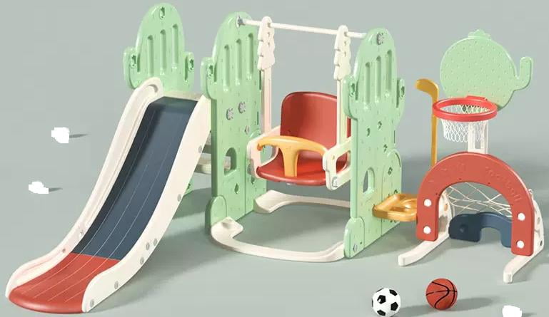 5 in 1 Toddler Slide and Swing Set, Kids Freestanding Slide Climber with Adjustable Swing and Basketball Hoop, Soccer Golf and Ring Toss Game, Indoor Outdoor Playset for Toddlers Age 1-3
