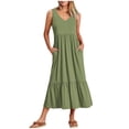 thumbnail image 2 of Riforla Womens Summer Casual Sleeveless V Neck Swing Dress Casual Flowy Tiered Maxi Beach Dress with Pockets Womens Cotton Dress Green XL, 2 of 8