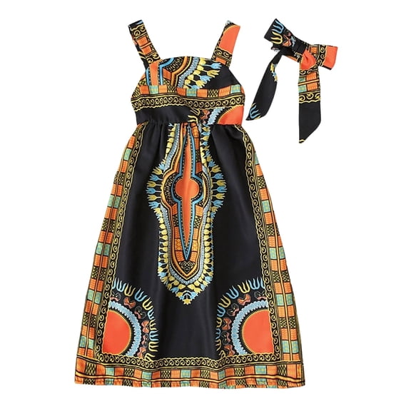 HAYIMI Bohemian African Print Girls Sleeveless Dress And Headband Two Piece Flowy Long Maxi Dresses Spaghetti Strap Square Collar Kids Holiday Sundress