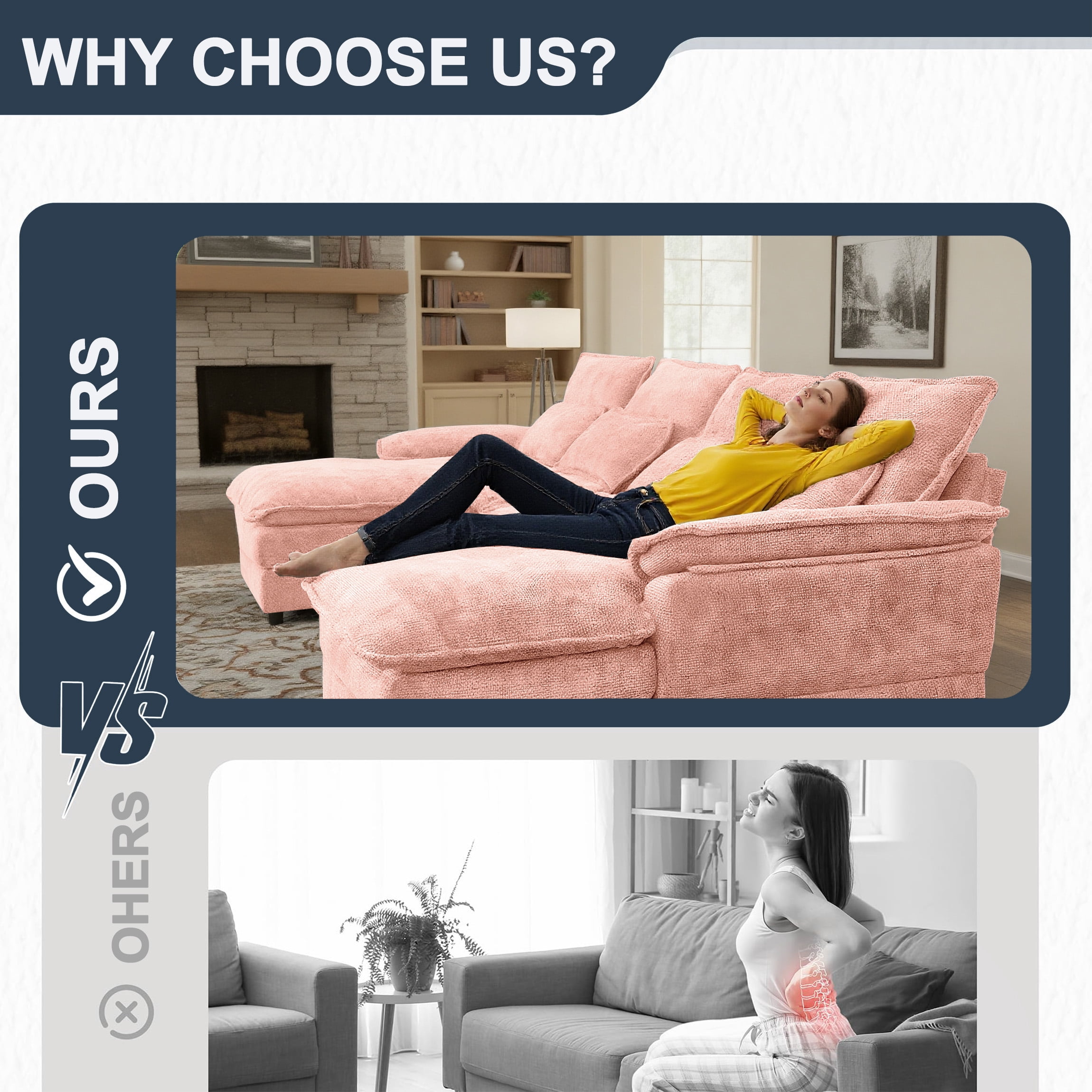 SEENYOO 110.24" U-Shaped Couch, Cloud Modular Sectional Sofa with Chenille Fabric, 4-Seat Comfy Couch for Living Room,Pink