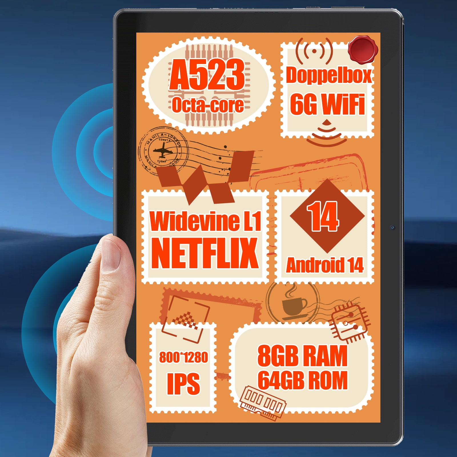 Android 14 10.1 inch Tablets with 1280 * 800 IPS HD Touchscreen, 8-Core, 8GB RAM 64GB ROM+1TB TF, Widevine L1, Face ID, Wi-Fi 6 - Black