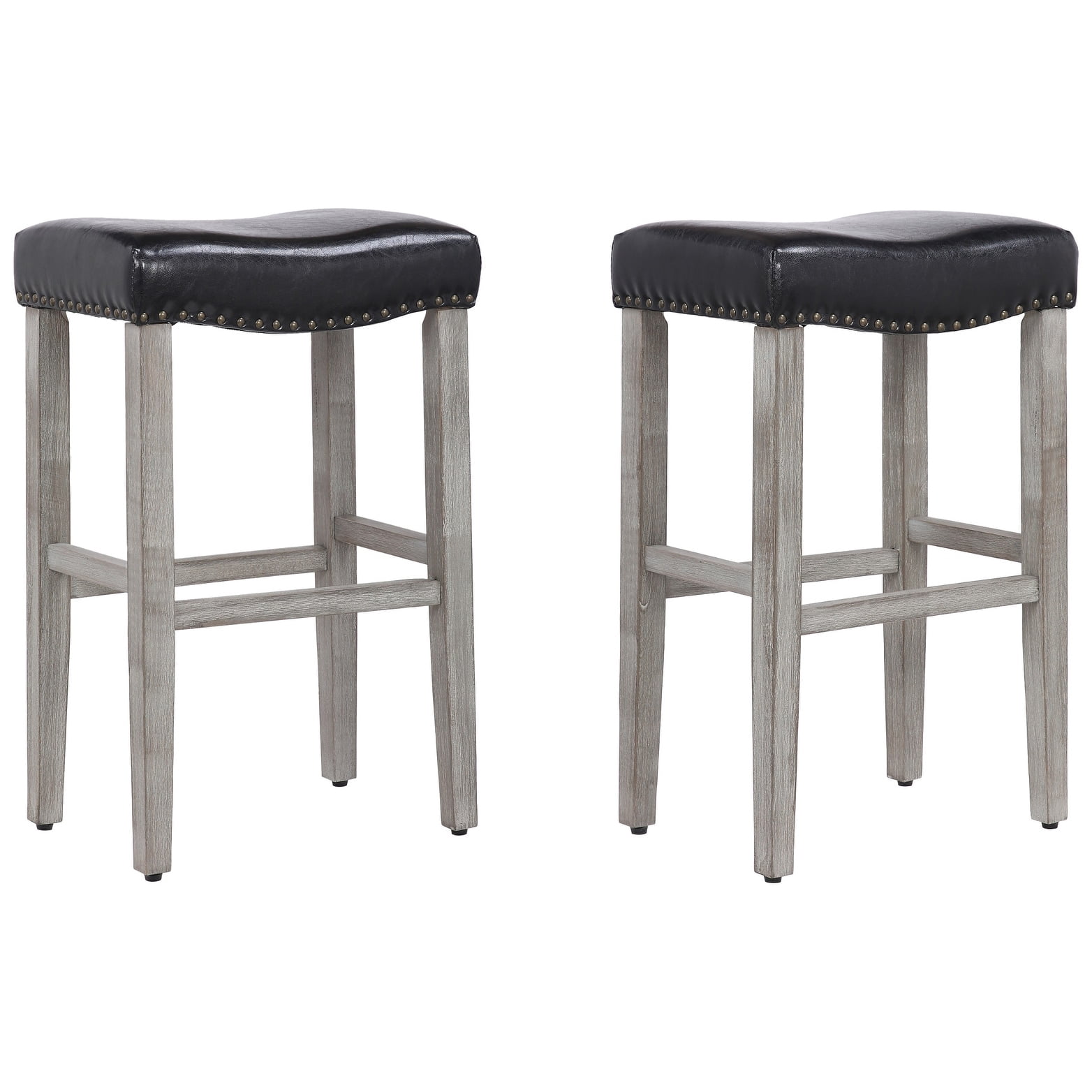 Polytrends Jameson Upholstered Polyester 29" Bar Stool - Saddle Seat (Set of 2) Gray Legs Leather
