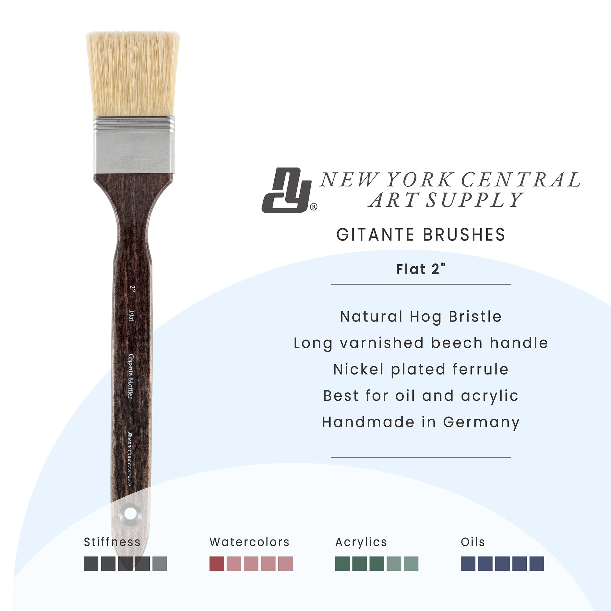 New York Central Gigante Natural Hog Bristle Large Scale Artist Paint Brush, 2" Flat Mottler, Professional German Handmade Oil Painting Brush w/ Long Handle for Oil, Acrylic & Acryla Gouache