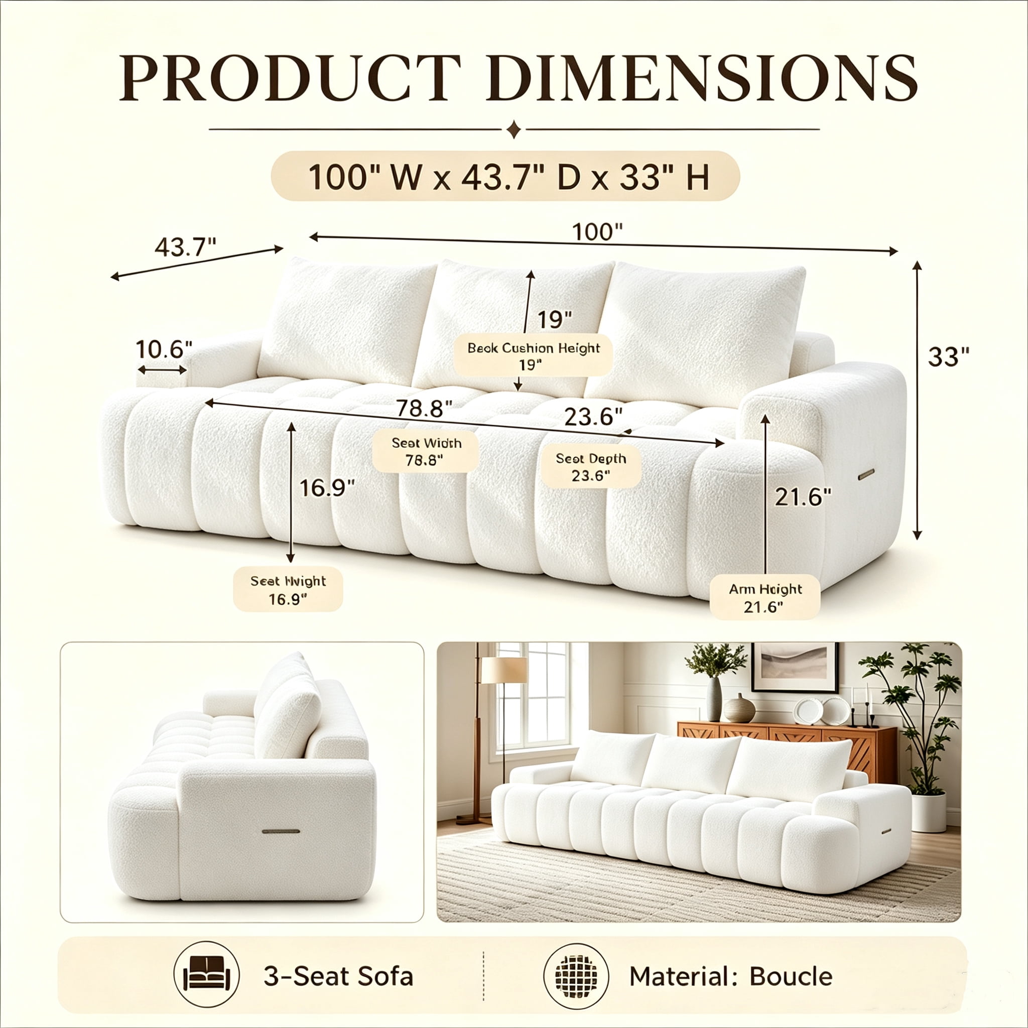 Aukfa 100" Oversized Boucle Cloud Sofa Deep Seat Boneless Couch with Curved Front for Living Room, Cream