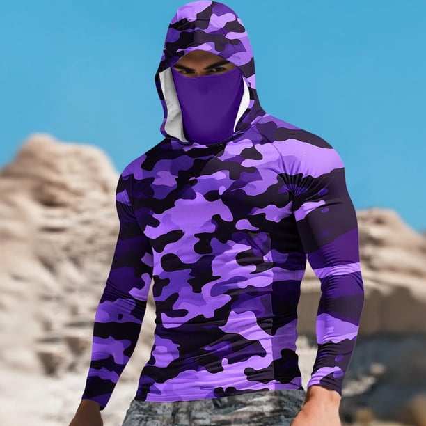 Ceisia Camouflage Print Hooded Top Men's Slim Fit Long Sleeve UV Protective Face Mask Shirt Purple S Gifts