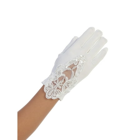 Girls White Lace Embellished Matte Satin Special Occasion Gloves