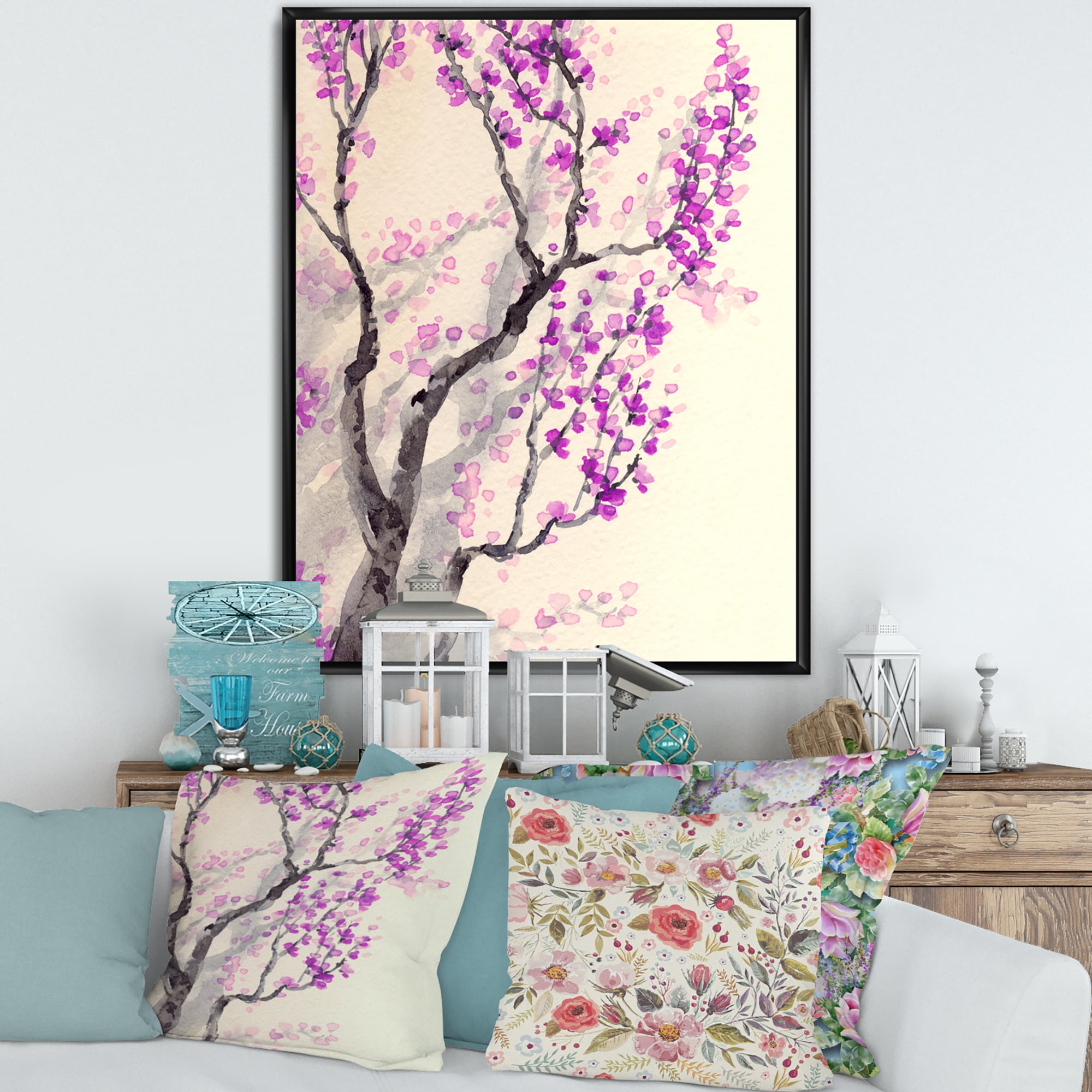 Designart 'Abstract Spring Purple Flowers On Tree Branches' Traditional Framed Canvas Wall Art Print