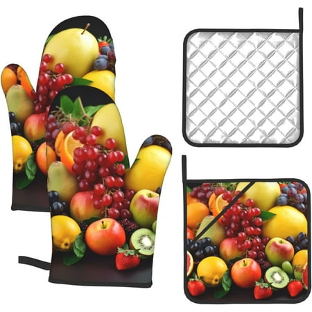 

4 Pcs Oven Mitts and Pot Holders Sets 500°F High Heat Resistant Kitchen Gloves Hot Pads Non-Slip Oven Gloves Potholders Fresh Fruits Oven Mitts Set Funny House Warming Gifts