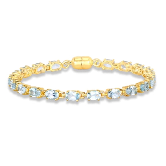 Fine Color Jewels Genuine Blue Topaz Tennis Bracelet in 925 Sterling Silver with 18K Gold Plating 10.20 Carat Oval Shaped Blue Topaz Stones December Birthstone Bracelet Tennis Jewelry For Women