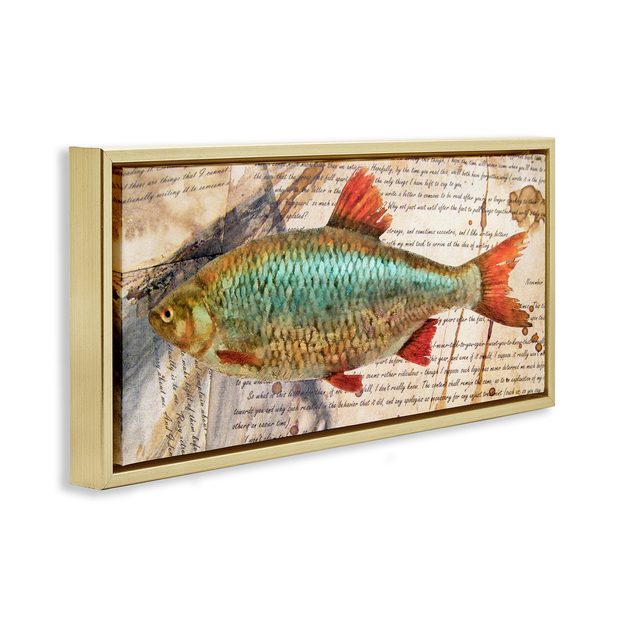 Stupell Industries Vintage Pages & Fish Animals & Insects Painting Gold Floater Framed Canvas Art Print Wall Art, 31 x 14