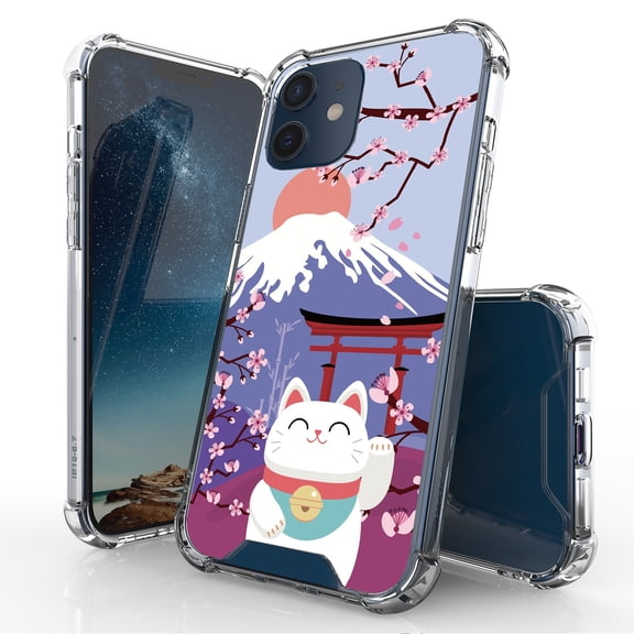 Beyond Cell compatible with iPhone 12 Mini 5.4"(2020) Case, Transparent Clear Shock Absorption Cushion Bumper Corner Soft TPU PC Cover Lucky Cat Mount Fuji