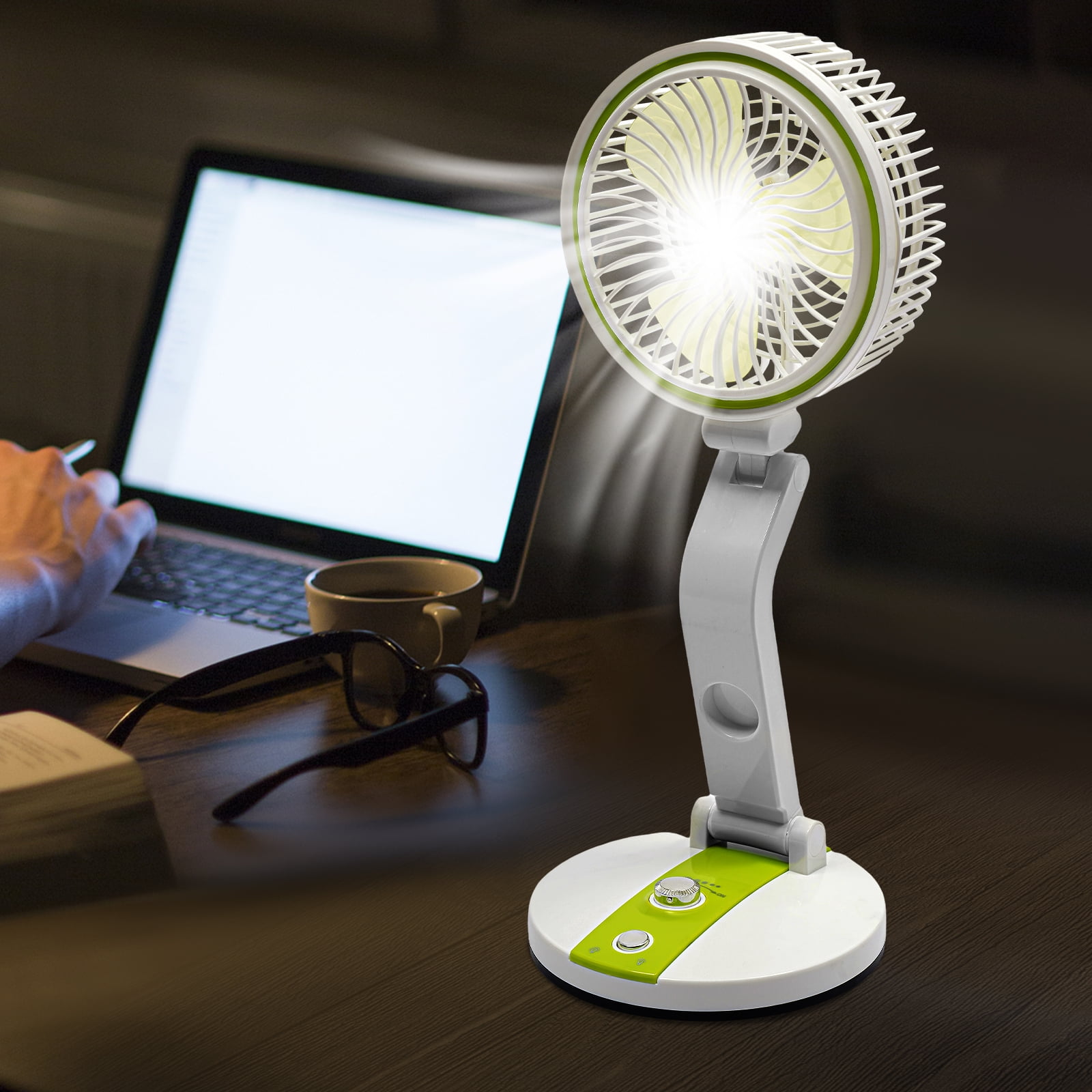 Portable Rechargeable Folding Fan with Light 3 Speed & LED Desk Lamp for Outdoor Camping, Travel