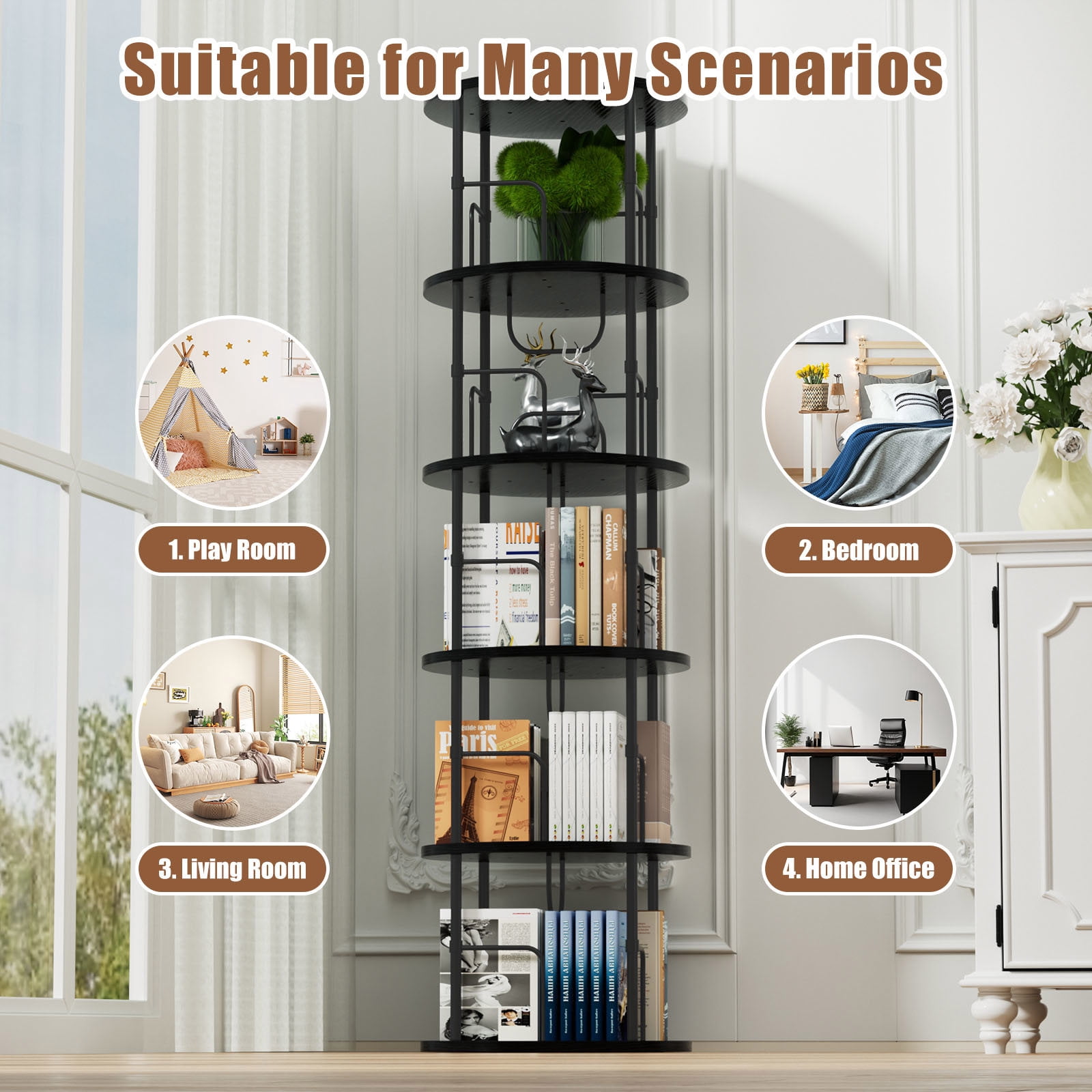 Flycity 5 Tier Rotate Bookcases, 360° Display Corner Shelf Spin Bookcases with Special Visible Partition Storage, Black