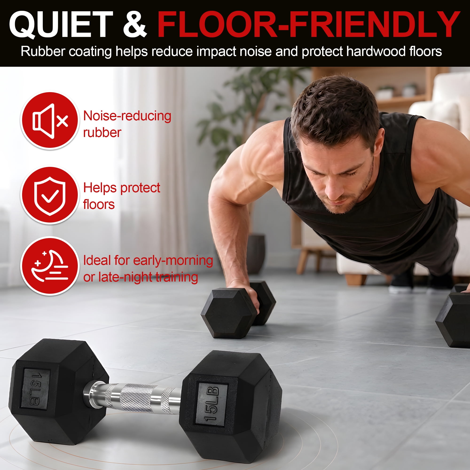 Sprint Demon 15 LB Rubber Hex Dumbbells, Set of 2, Non-Slip Grip for Home Gym Strength Training