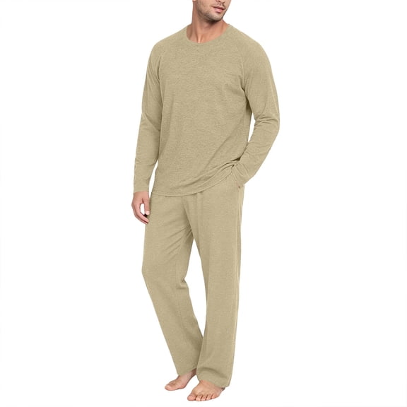 Mens Pajamas Set Solid Soft Pajamas Long Sleeve Top and Long Pants Set Pjs Sets Soft Sleepwear with Pocket Beige L