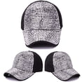 thumbnail image 2 of Gorra de béisbol ajustable con cristales de diamantes de imitación y tachuelas para mujer, sombrero para el sol de tela vaquera brillante liso, color plateado ladrillo completo, 2 of 5