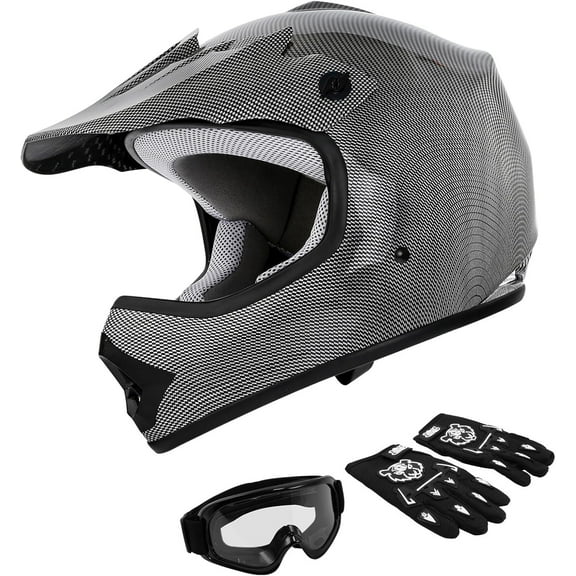 TCT-MT Youth Kids Helmet DOT Certified Carbon Fiber Silver Full face Off-Road Motocross Street Dirt Bike ATV MX Helmet (Child, Medium)